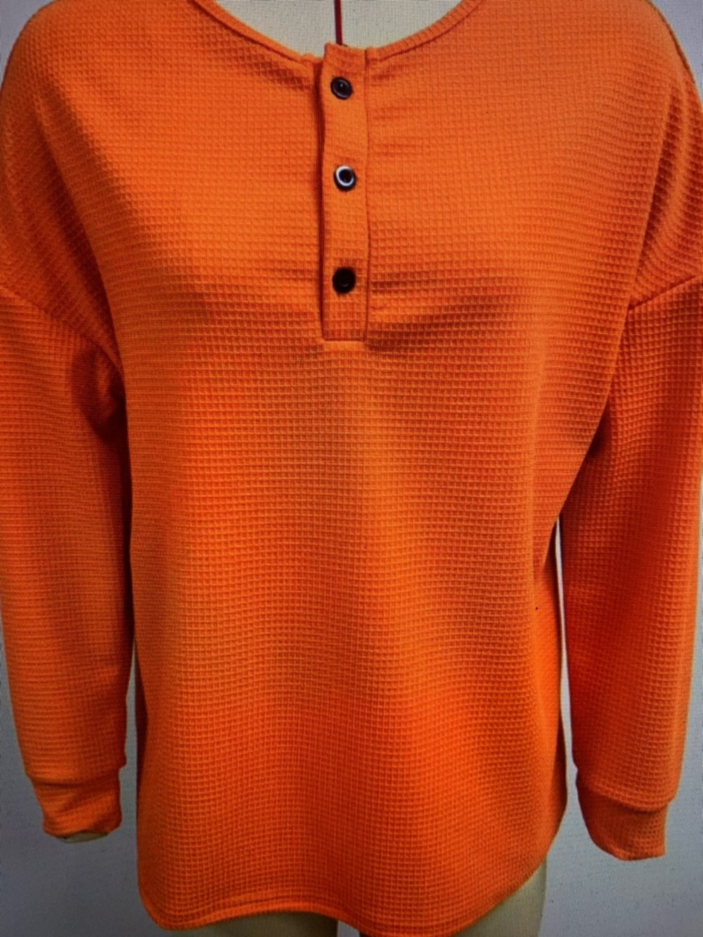 Men's Orange Waffle Knit Henley Shirt - Picture 3 of 4